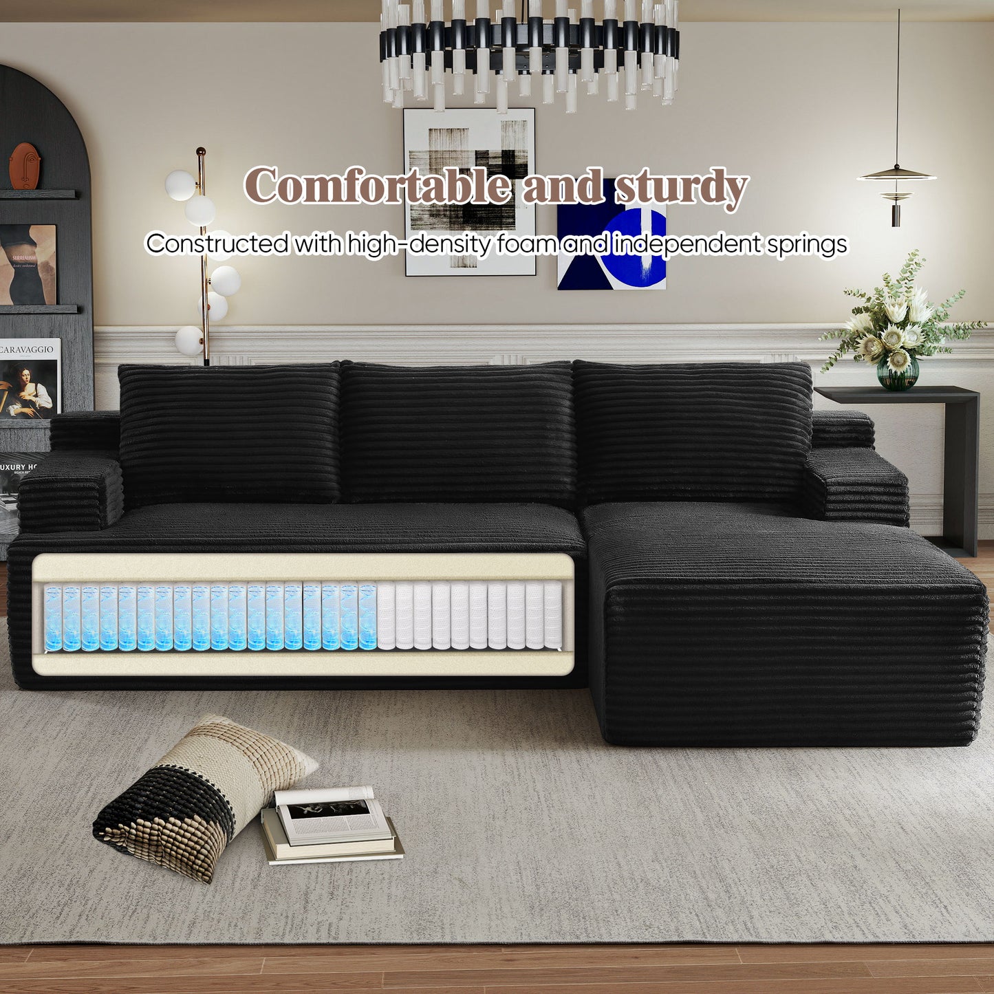 Muumblus L-Shaped Modular Sectional Sofa with Chaise, Boneless Deep Seat Cloud Couch, No Assembly Corduroy Sleeper Sofa for Living Room, Black（Right Facing Chaise）