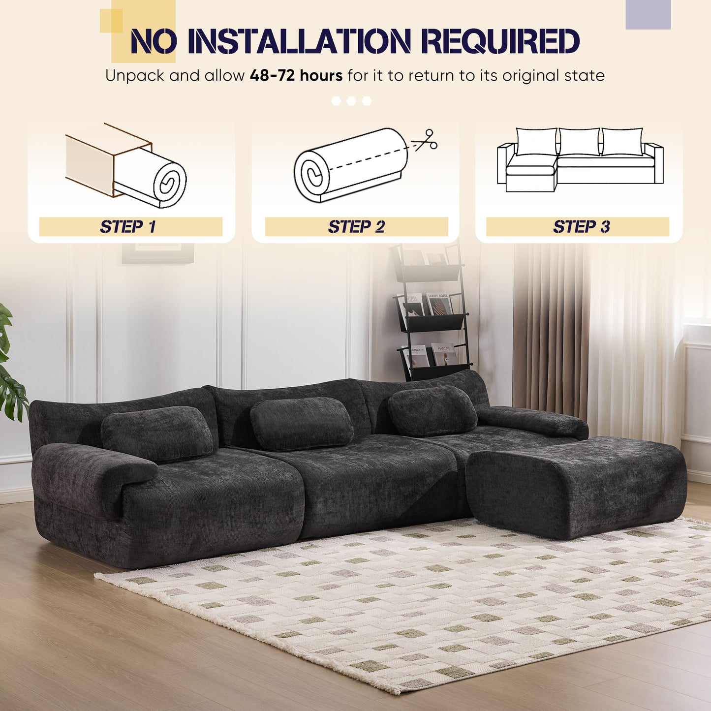 Muumblus Modular Sectional Sofa with Movable Ottoman, Oversized L-Shaped Cloud Sofa with Chaise, Boneless Deep Seat Living Room Couch, Black Chenille