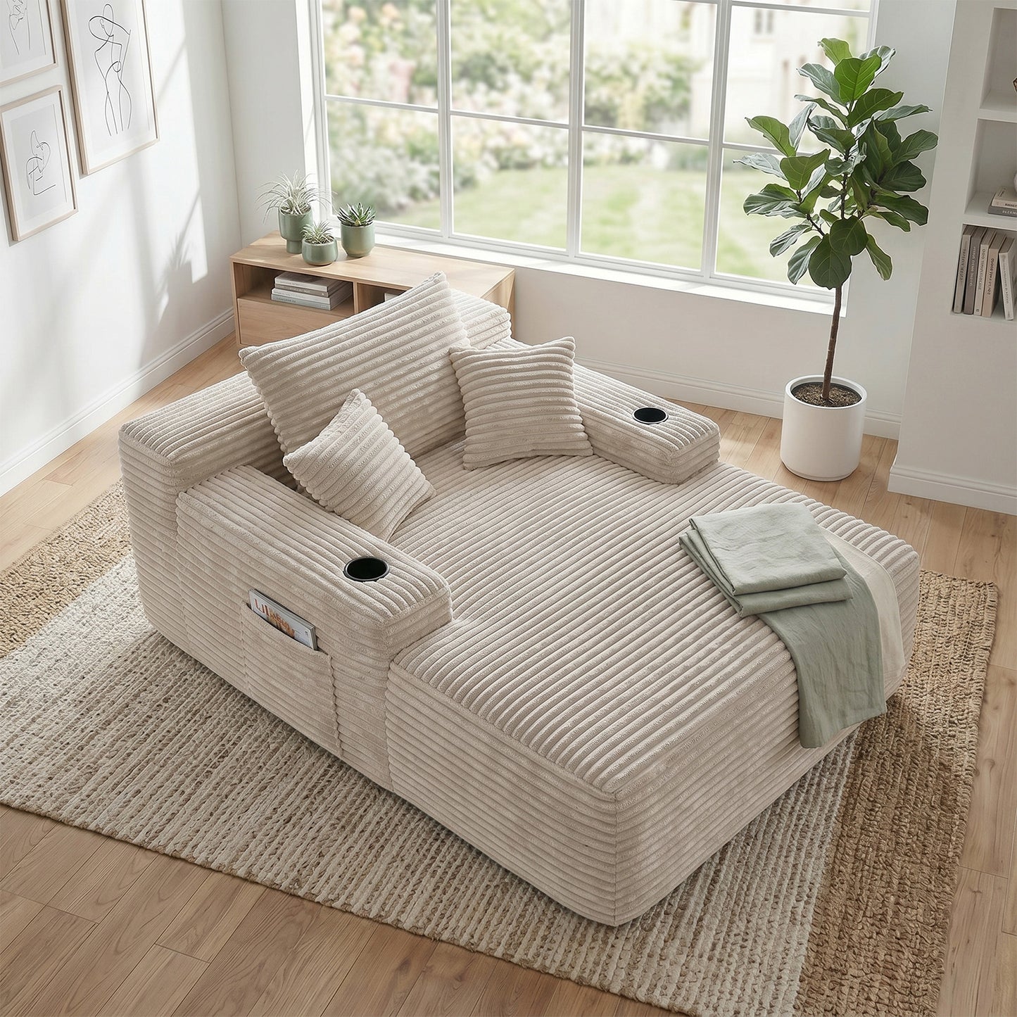 Muumblus Oversized Chaise Lounge Indoor, Upholstered Lounge Chair with Cup Holders, No Assembly Cloud Sleeper Sofa Bed, Gray Corduroy
