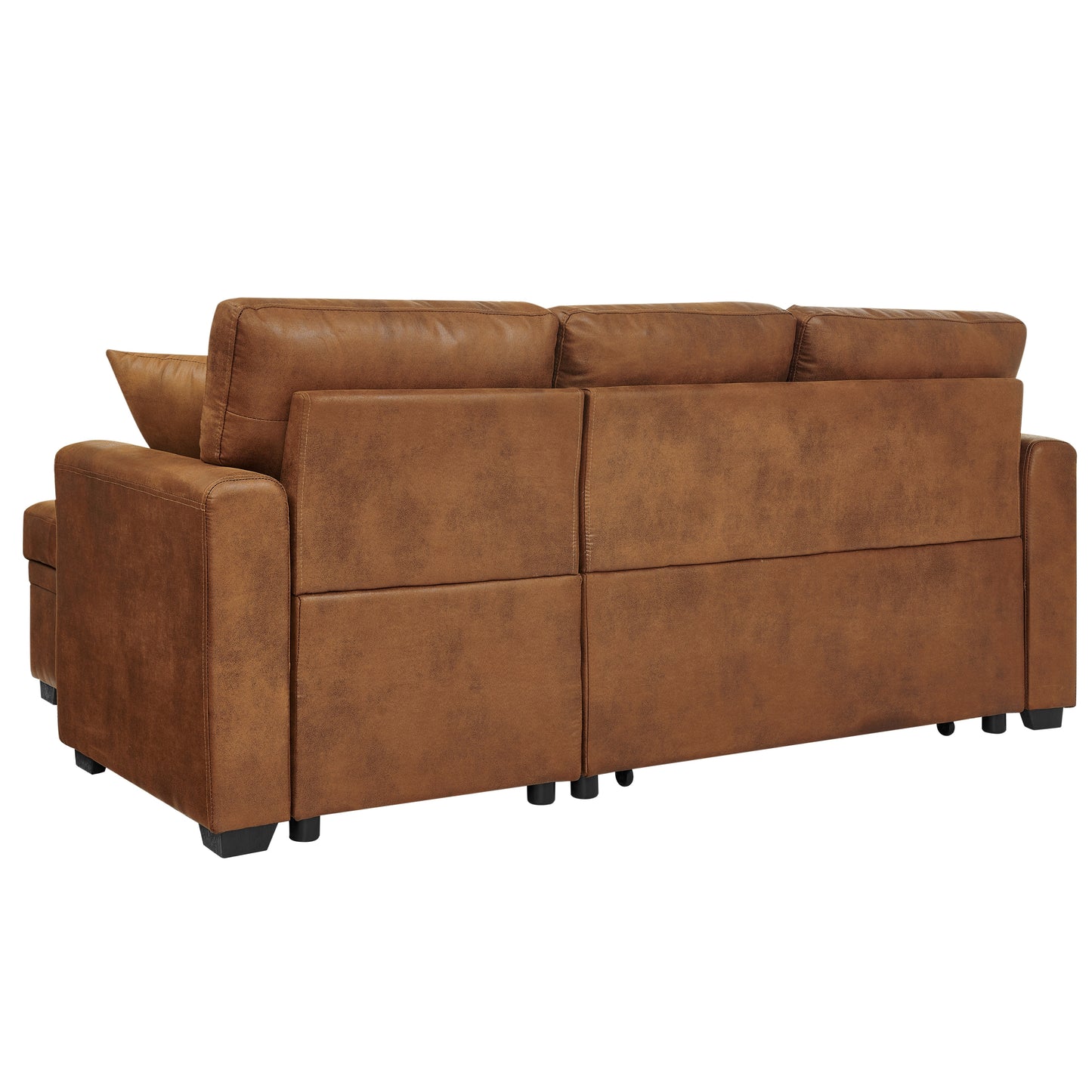 Muumblus Convertible Pull Out Sofa Bed, L-Shaped Sectional Sleeper Couch with Storage Chaise, Vintage Faux Leather Look, Brown Polyester Fabric