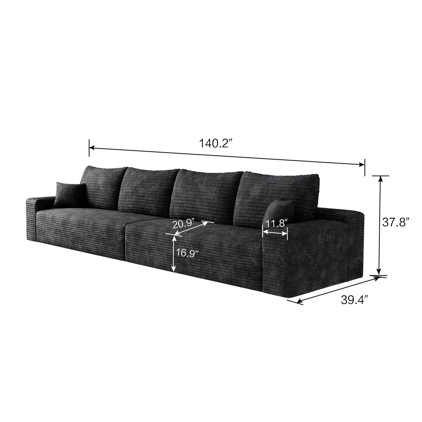 Muumblus 140" Cloud Sectional Sofa, Cozy 4-Seater Modular Sofa, Plush Corduroy Sleeper Bed Couch, No Assembly Required, Black