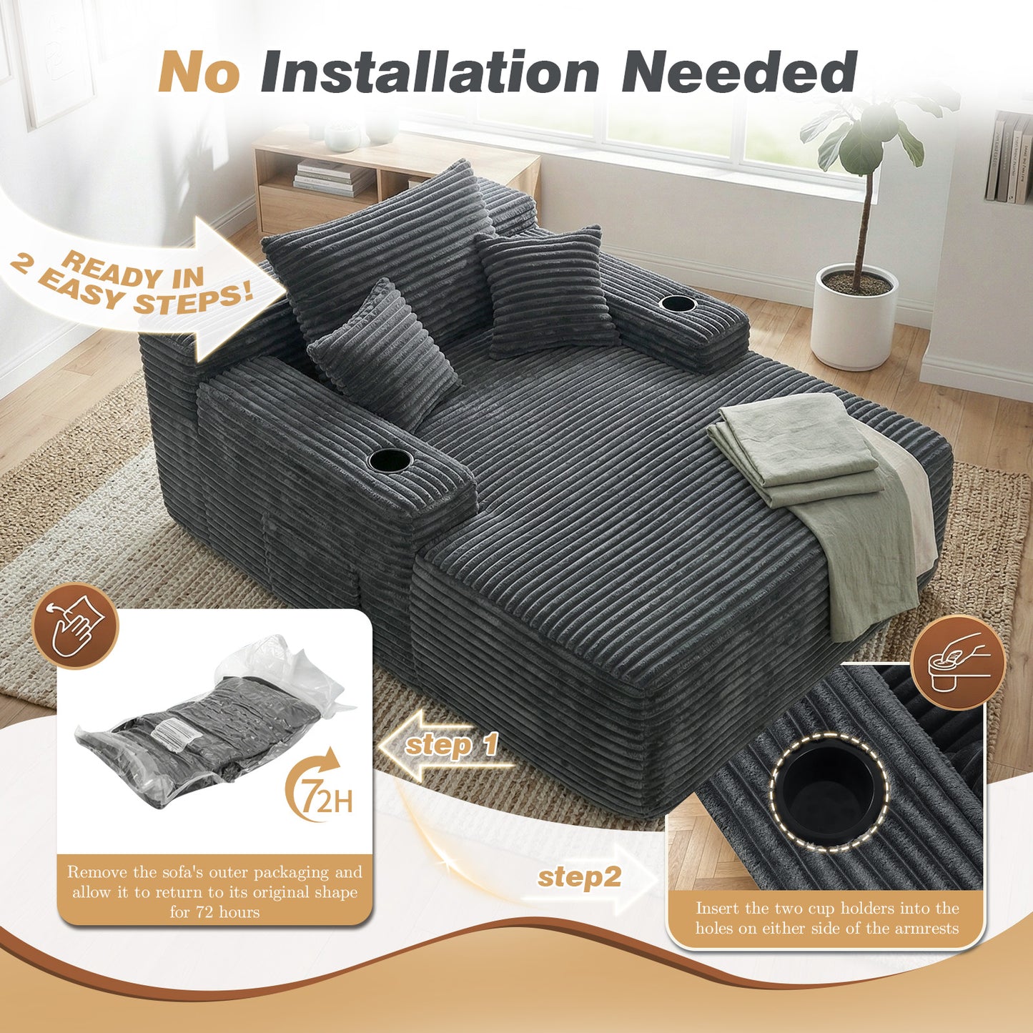 Muumblus Oversized Chaise Lounge Indoor, Upholstered Lounge Chair with Cup Holders, No Assembly Cloud Sleeper Sofa Bed, Gray Corduroy
