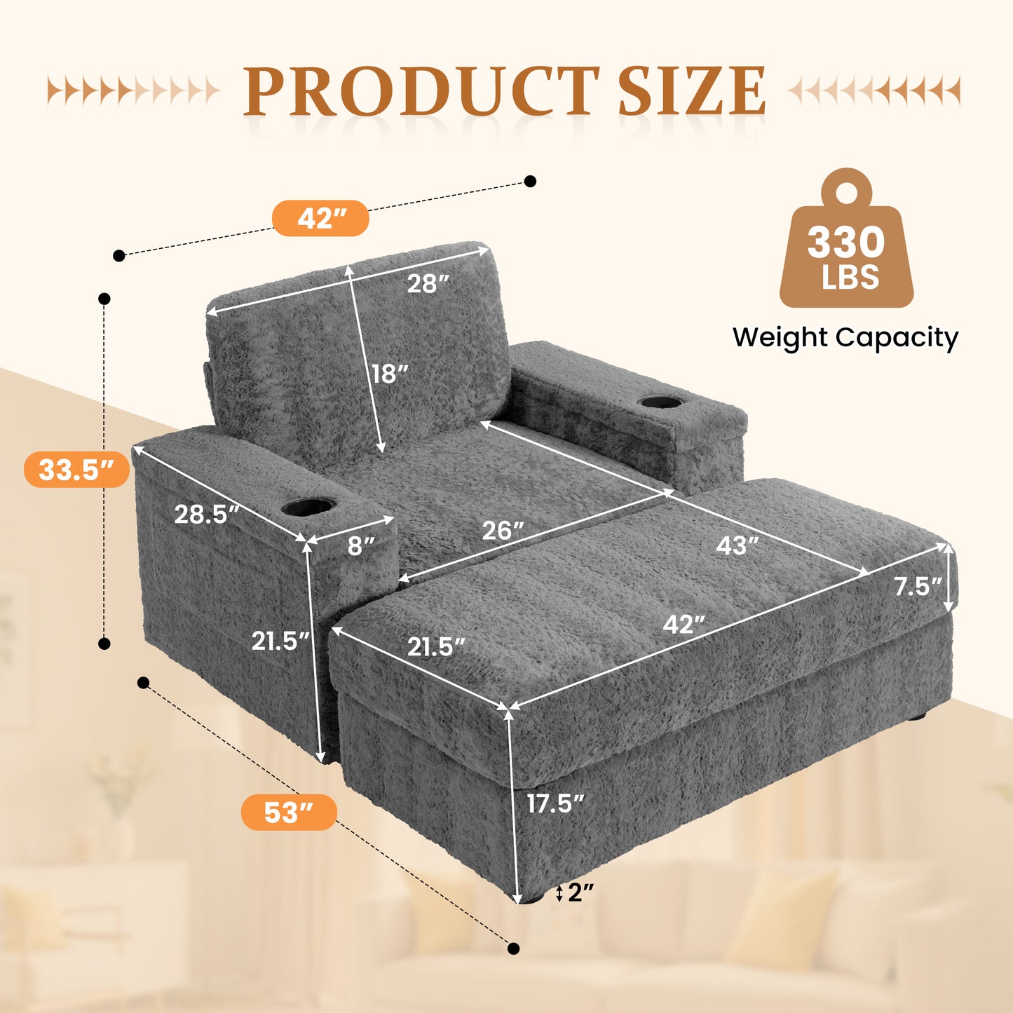 Muumblus 42" Chaise Lounge Indoor, Accent Armchair with Storage Ottoman & Armrests, Oversized Lounge Chair Sleeper Chair for Living Room, Gray Faux Rabbit Fur