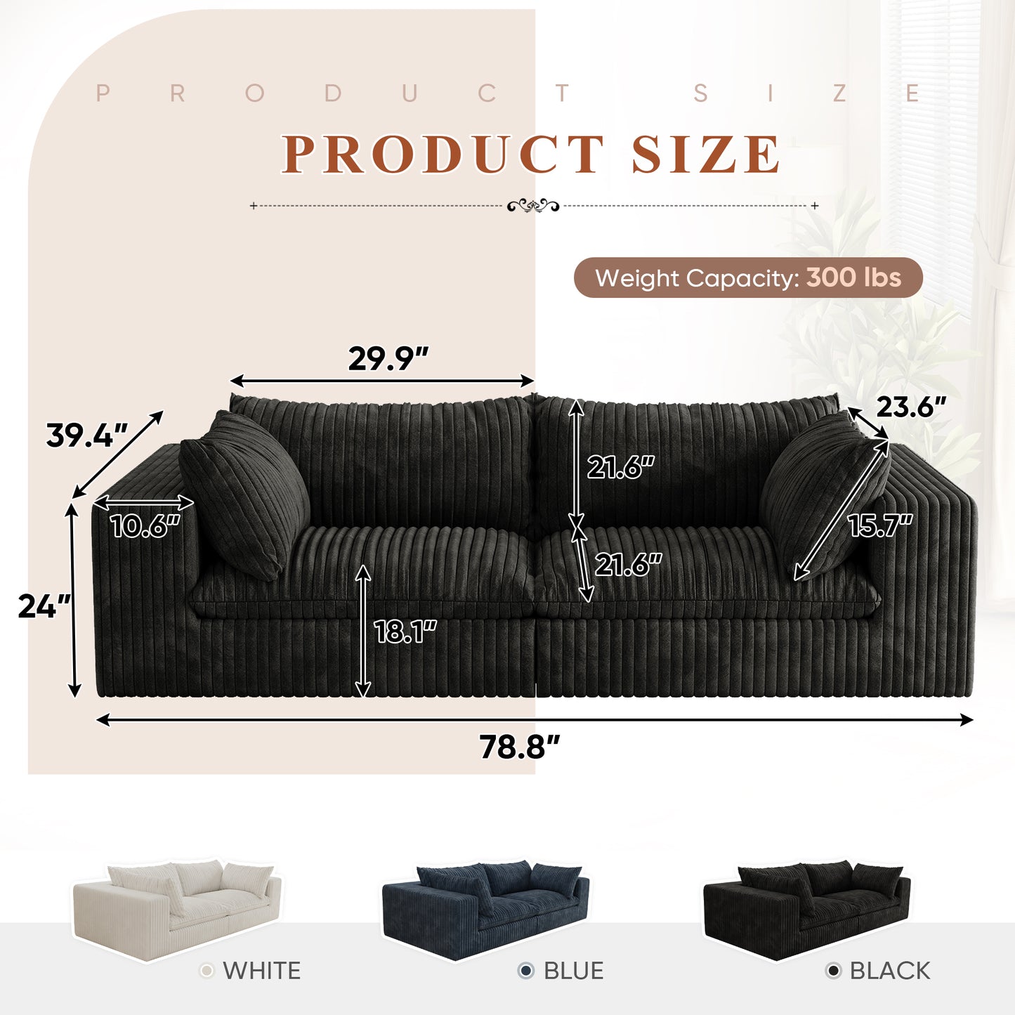 Muumblus 78" Oversized Boneless Loveseat Sofa, No Assembly Deep Seat Plush Corduroy Cloud Couch, Sleeper Sofa for Living Room, Black