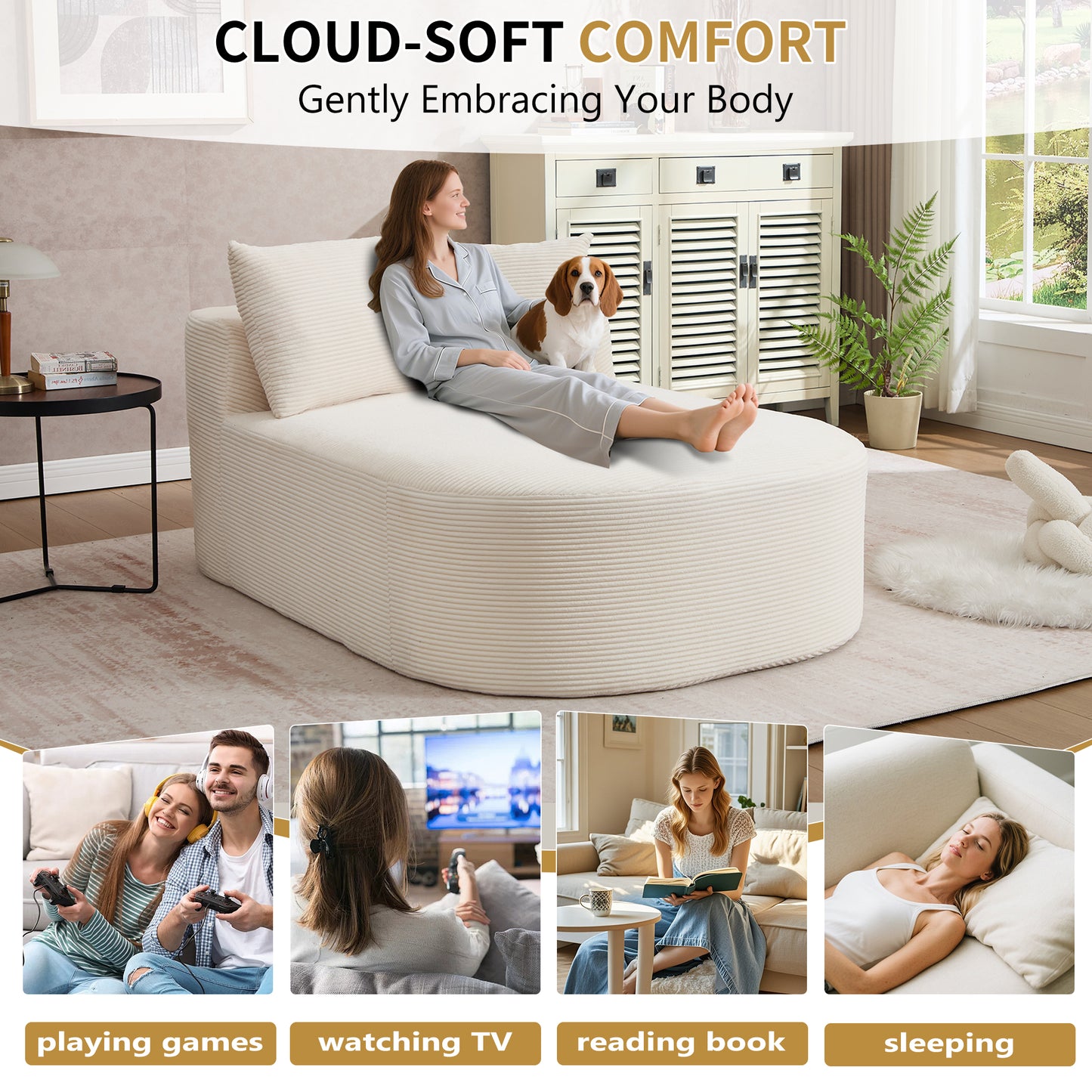 Muumblus 67.5" Oversized Chaise Lounge Indoor Furniture, No Assembly Boneless Cloud Couch, Deep Seat Corduroy Sleeper Sofa Bed for Living Room, Beige