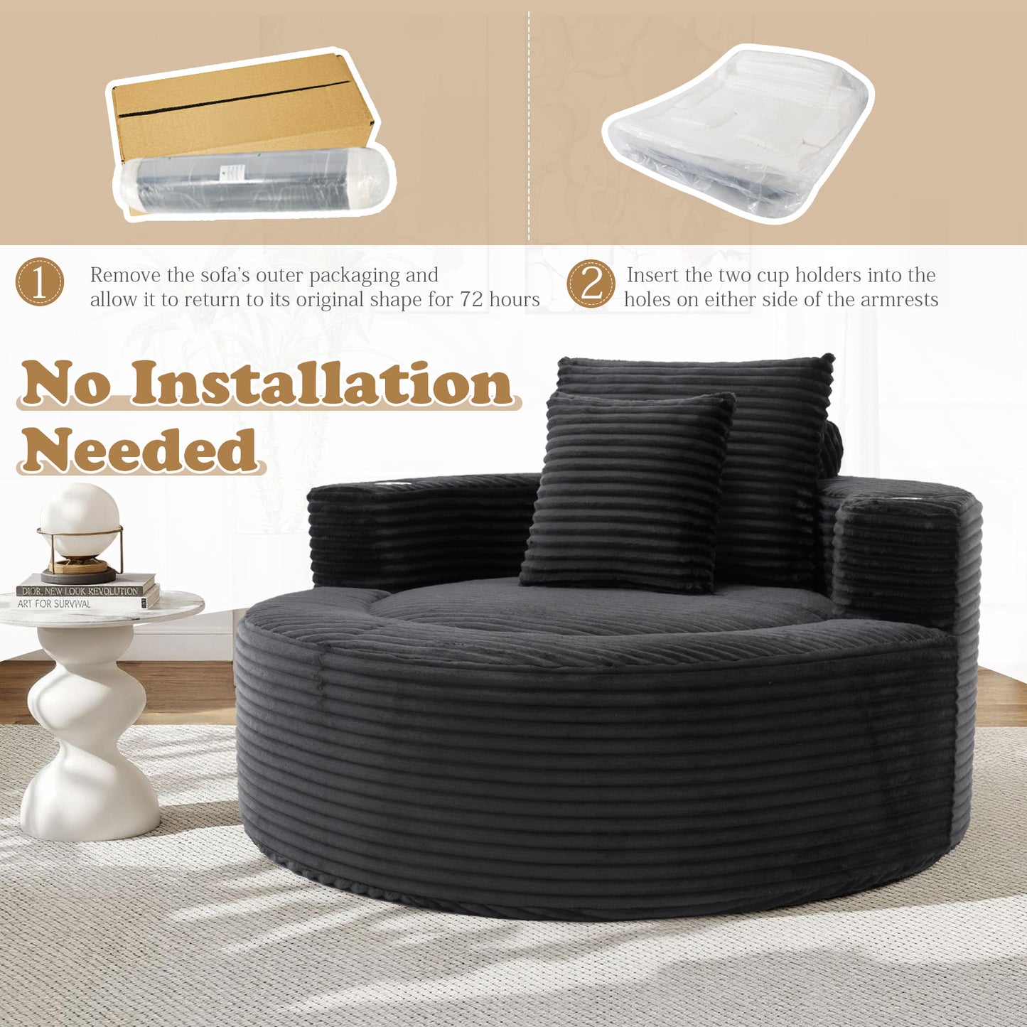 Muumblus 55" Indoor Round Chaise Lounge with Cup Holders, Oversized Boneless Accent Barrel Chair, Black Corduroy