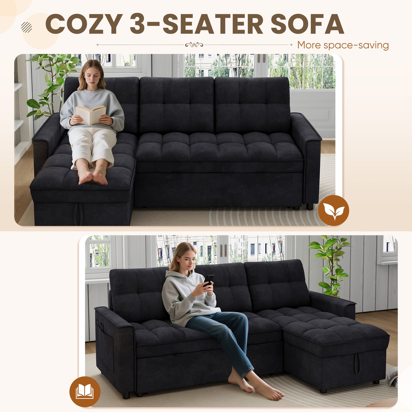 Muumblus Convertible Sofa Bed, Sectional Sleeper Sofa with Storage Chaise, L-Shaped Couch for Living Room, Black Chenille