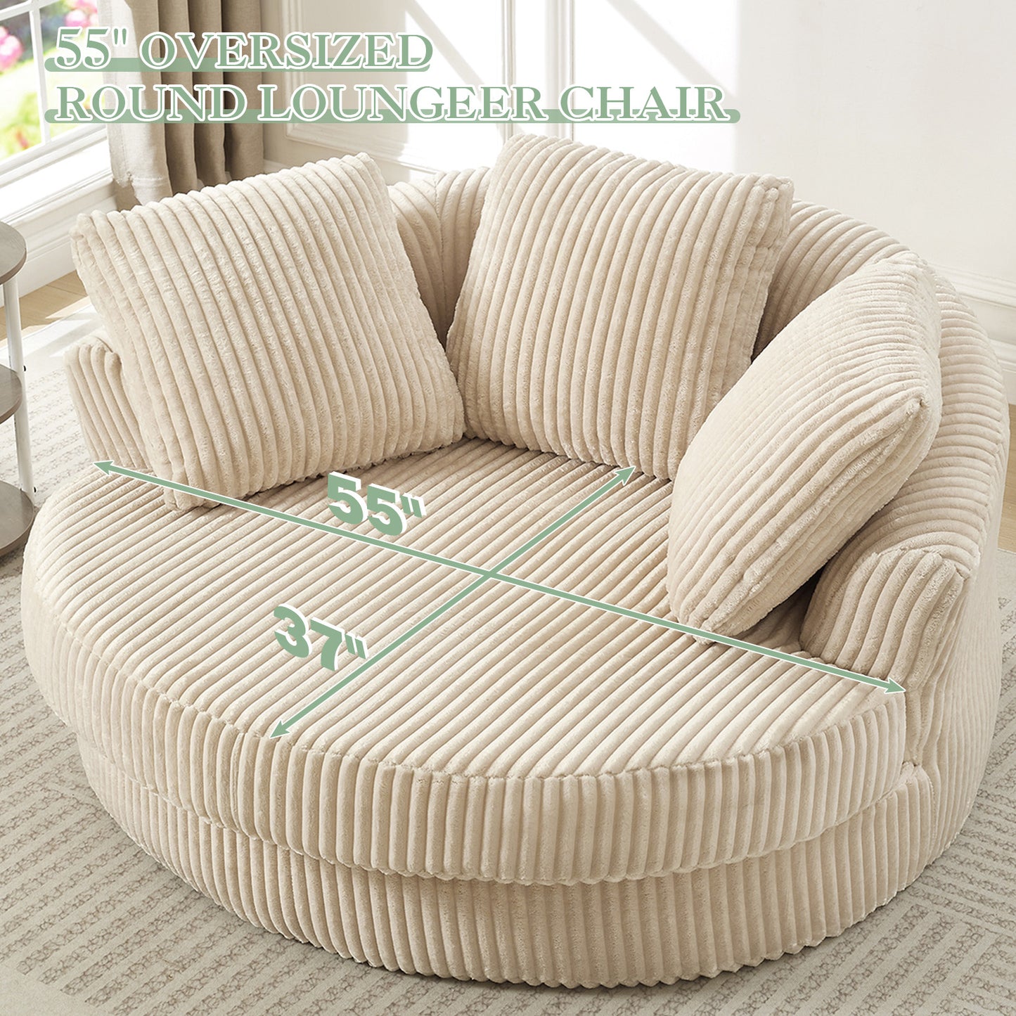Muumblus 61" Oversized Round Boneless Lounge Chaise Chair Indoor, Corduroy Deep Seat Cloud Couch Sleeper Sofa Bed with 3 Pillows, No Assembly Barrel Chair for Living Room, Beige