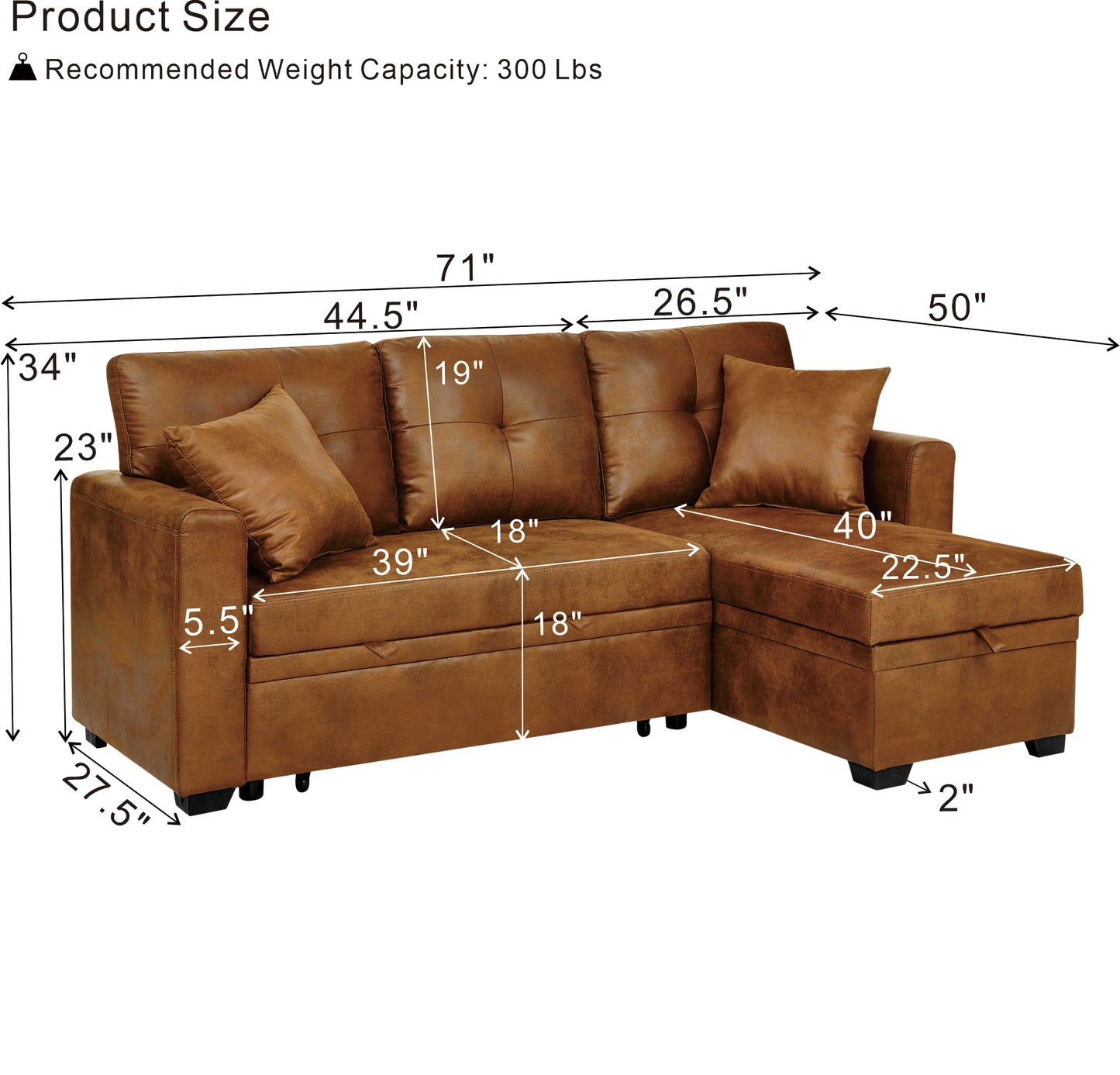 Muumblus Convertible Pull Out Sofa Bed, L-Shaped Sectional Sleeper Couch with Storage Chaise, Vintage Faux Leather Look, Brown Polyester Fabric