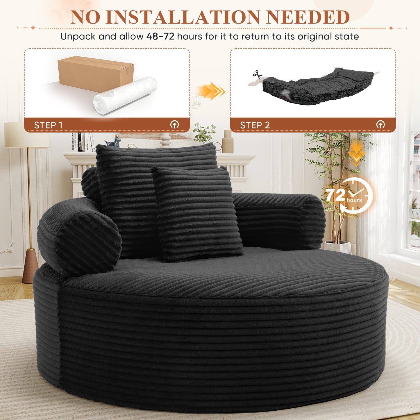 Muumblus 55" Indoor Round Lounge Chair, Oversized Boneless Accent Barrel Chair, Black Corduroy