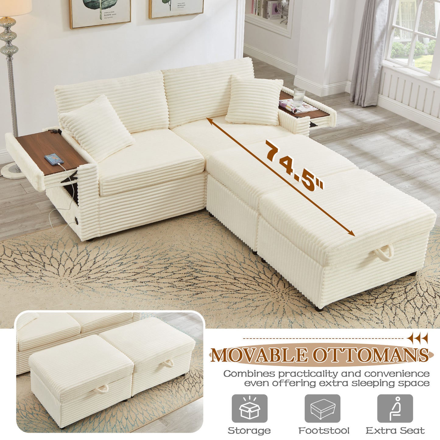 Muumblus Modular Sectional Sofa with 2 Storage Ottomans, 2 Side Tables & USB, Cozy Double Chaise Lounge Cloud Sofa, Plush Corduroy Sleeper Bed Couch for Living Room, White