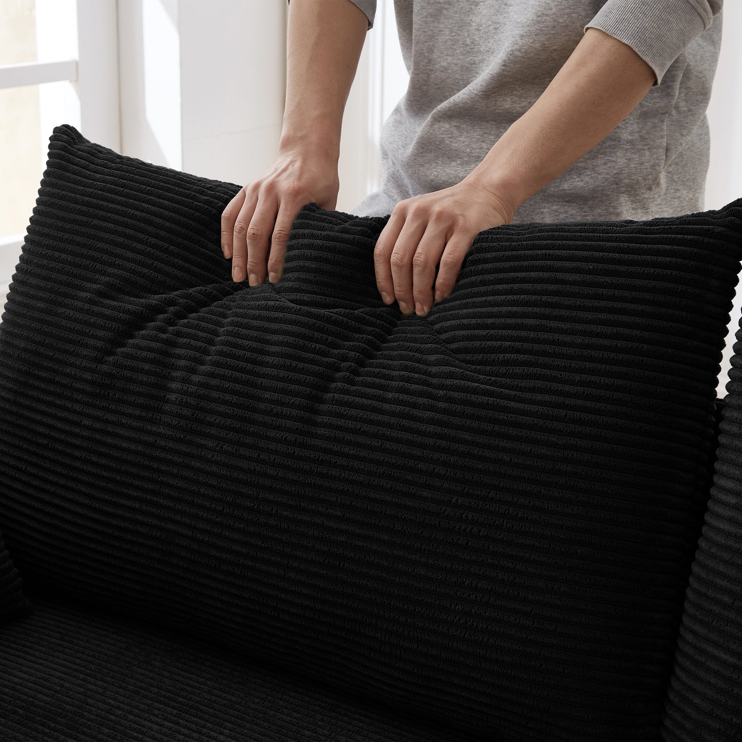 Muumblus 78"L Corduroy Sofa with USB & Cup Holders & Pockets, Deep Seat Living Room Upholstered Sofa, Black