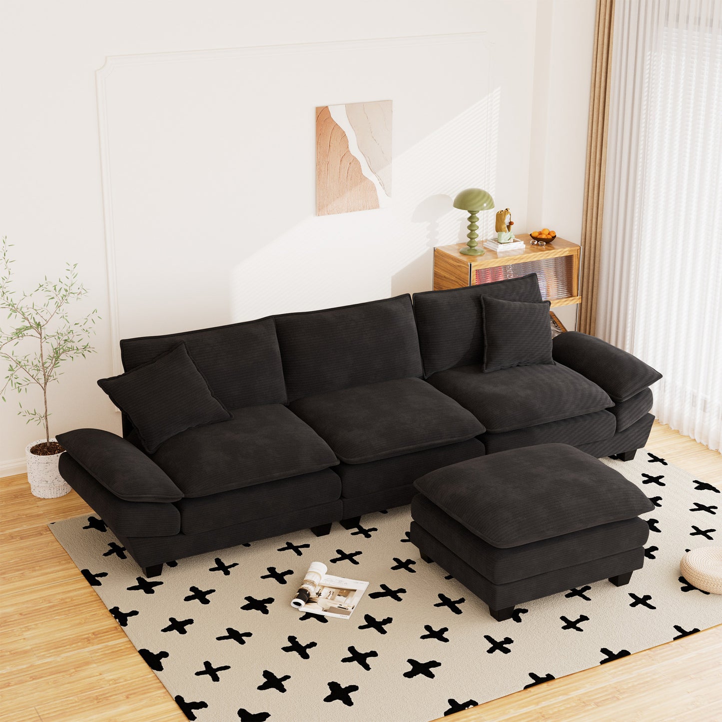 Muumblus 108" Modular Sectional Sofa with Ottoman, L-Shaped Couch with Chaise, Corduroy Sleeper Couch for Living Room, Black