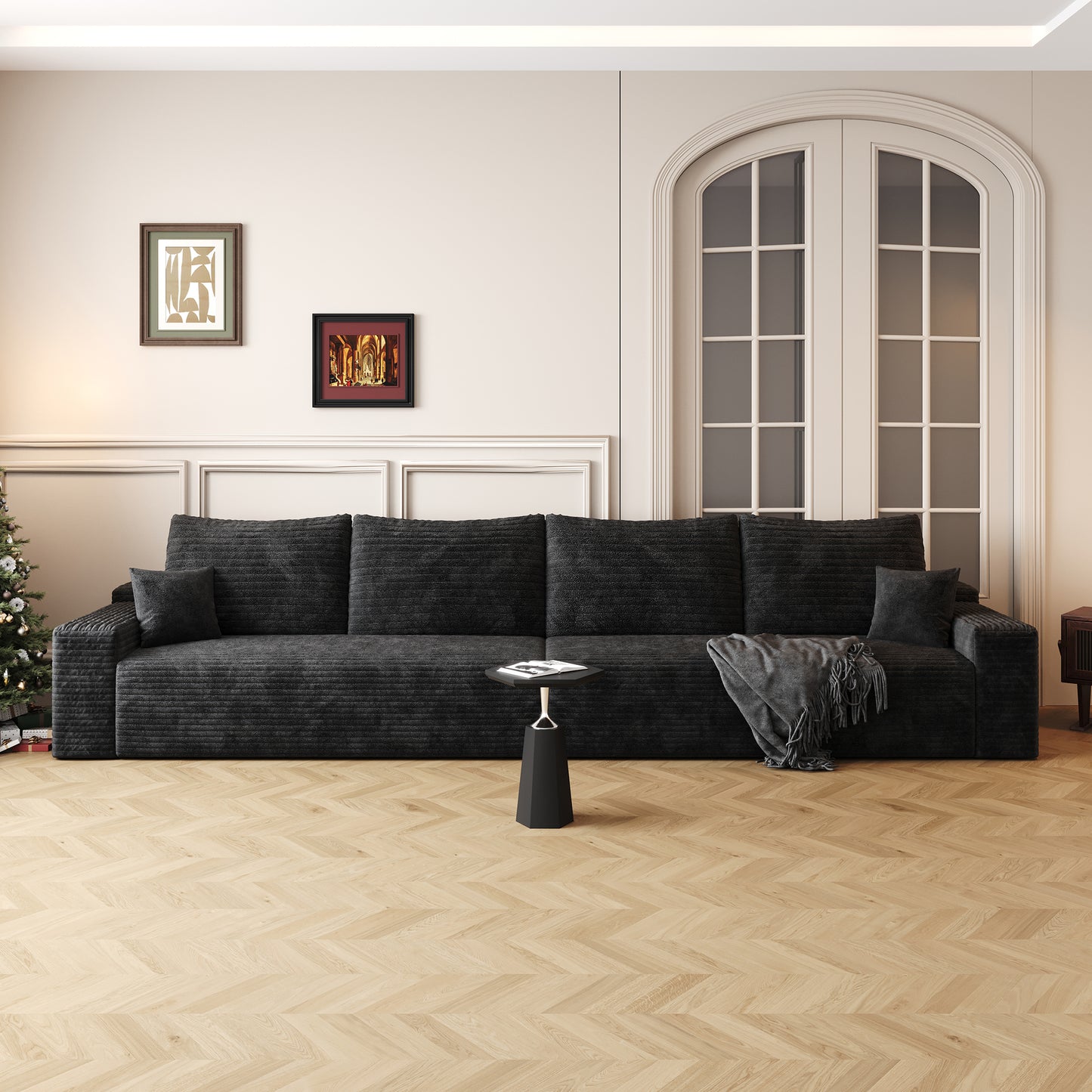 Muumblus 140" Cloud Sectional Sofa, Cozy 4-Seater Modular Sofa, Plush Corduroy Sleeper Bed Couch, No Assembly Required, Black