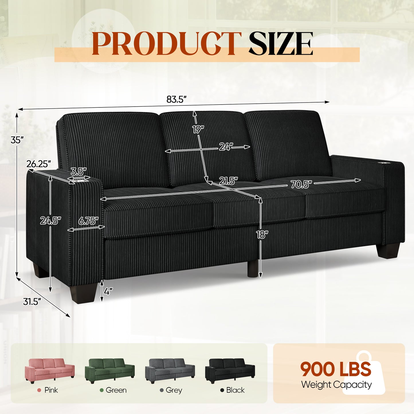 Muumblus 83.5" Living Room Sofa with Cup Holders, Cozy Plush Upholstered Couch, Corduroy Sofa 3-Seater, Black