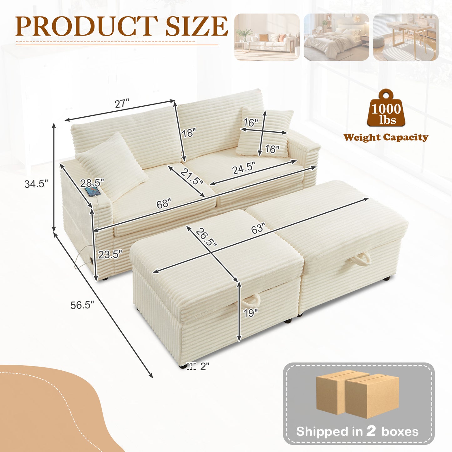 Muumblus Modular Sectional Sofa with 2 Storage Ottomans, 2 Side Tables & USB, Cozy Double Chaise Lounge Cloud Sofa, Plush Corduroy Sleeper Bed Couch for Living Room, White