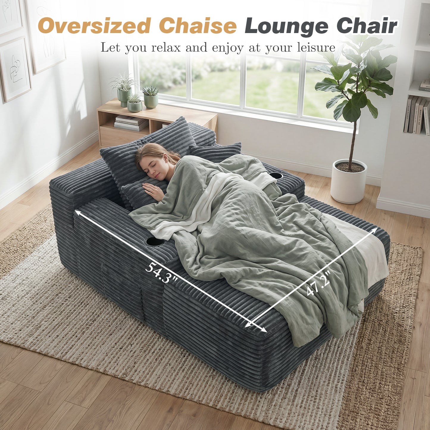 Muumblus Oversized Chaise Lounge Indoor, Upholstered Lounge Chair with Cup Holders, No Assembly Cloud Sleeper Sofa Bed, Gray Corduroy