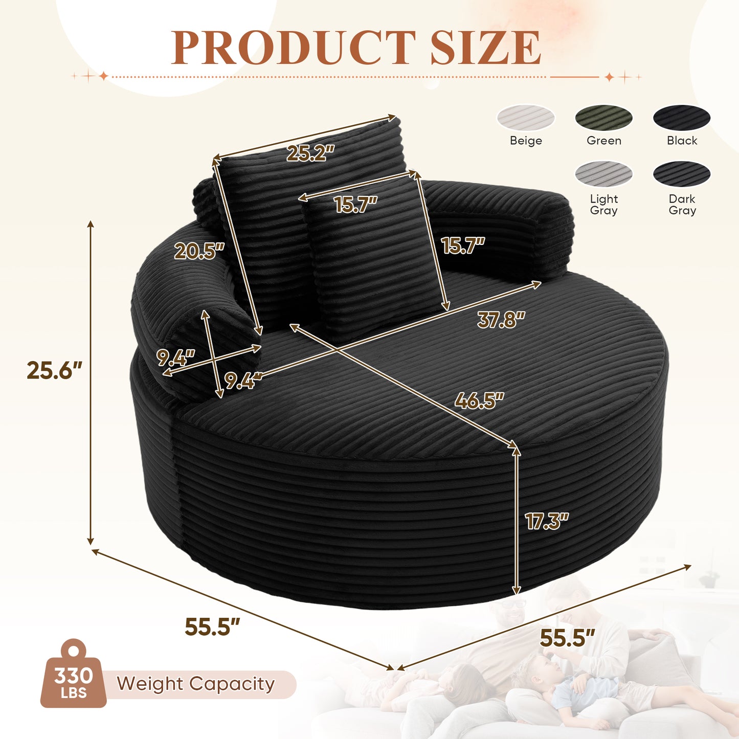 Muumblus 55" Indoor Round Lounge Chair, Oversized Boneless Accent Barrel Chair, Black Corduroy