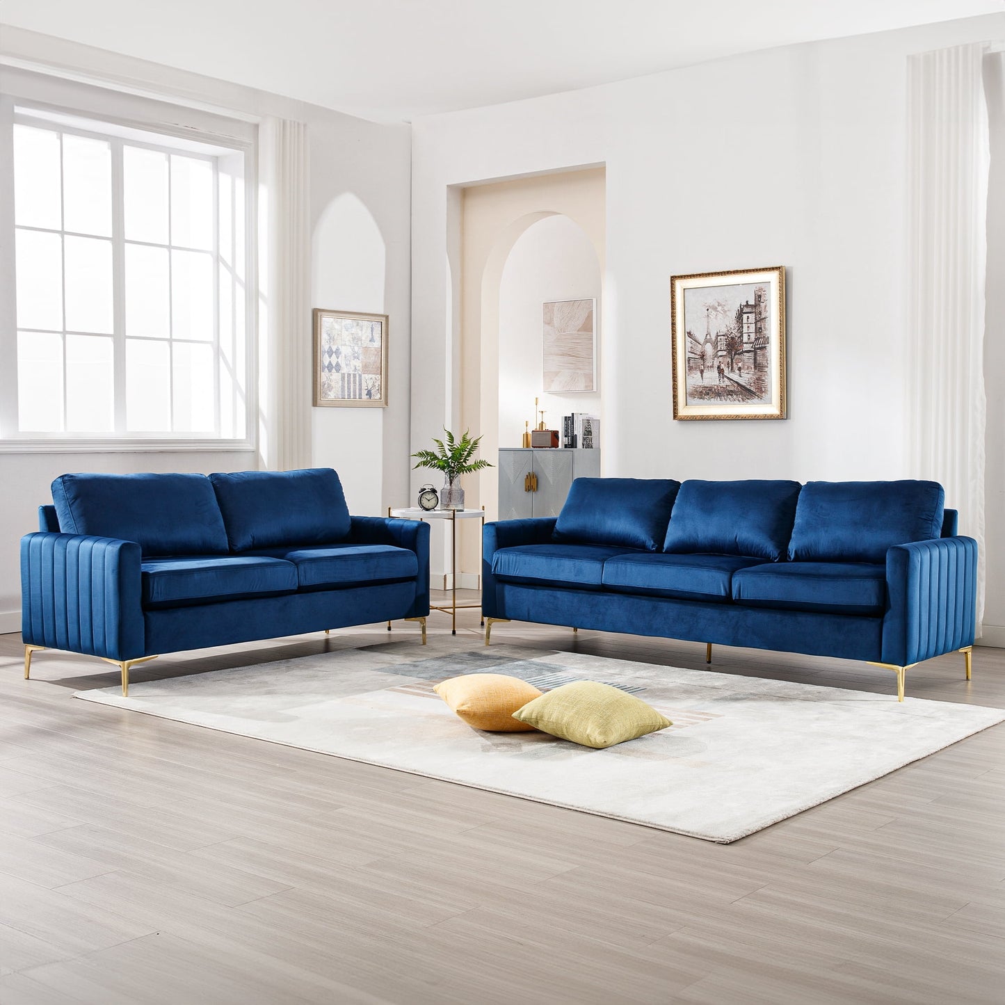 Muumblus 85 inch Sofa Couch, 3 Seater Loveseat Sofa, Mid Century Modern Tufted Velvet Couch for Living Room, Living Room Furniture Sets, Navy Blue