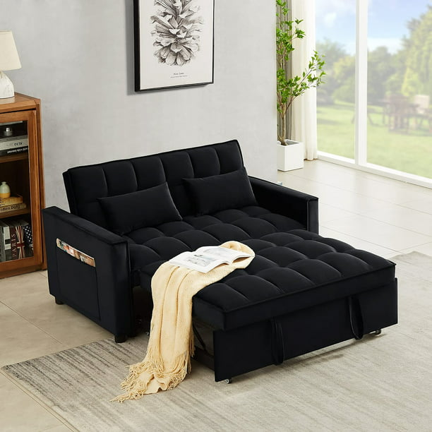 Muumblus Convertible Futon Sofa Bed, Small Space Loveseat Sleeper with Pull Out Bed, Modern Velvet Sofa Couch for Living Room, Adjsutable Backrest