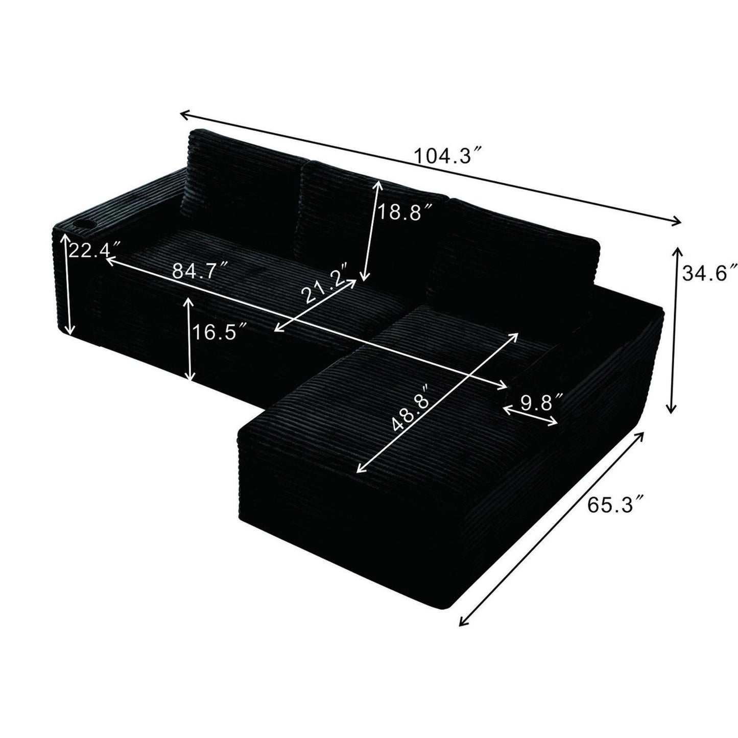 Muumblus 104" Ovsersiezd L-Shaped Modular Sectional Sofa with Cup Holders, Boneless Corduroy Cloud Couch for Living Room, Black（Right Facing Chaise）