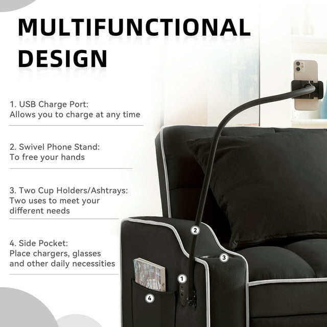 Muumblus Sleeper Sofa Chair Bed with Swivel Phone Stand, Cup Holders, 3-in-1 Convertible Pull Out Sofa Bed for Living Room, Black Velvet