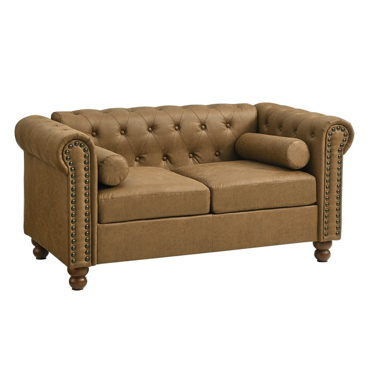 Muumblus 58" Loveseat Sofa for Living Room, Chesterfield Tufted Small Couch in Brown Faux Leather