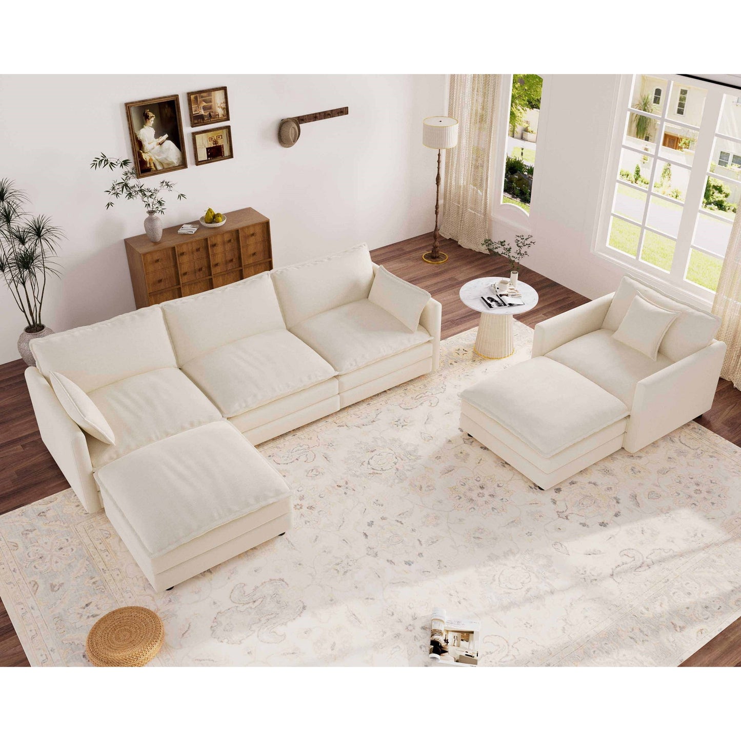 Muumblus 4 Pieces Living Room Furniture Sets, Modular L-Shaped Sofa and Chaise Lounge Chair with 2 Movable Ottoman, Beige Chenille