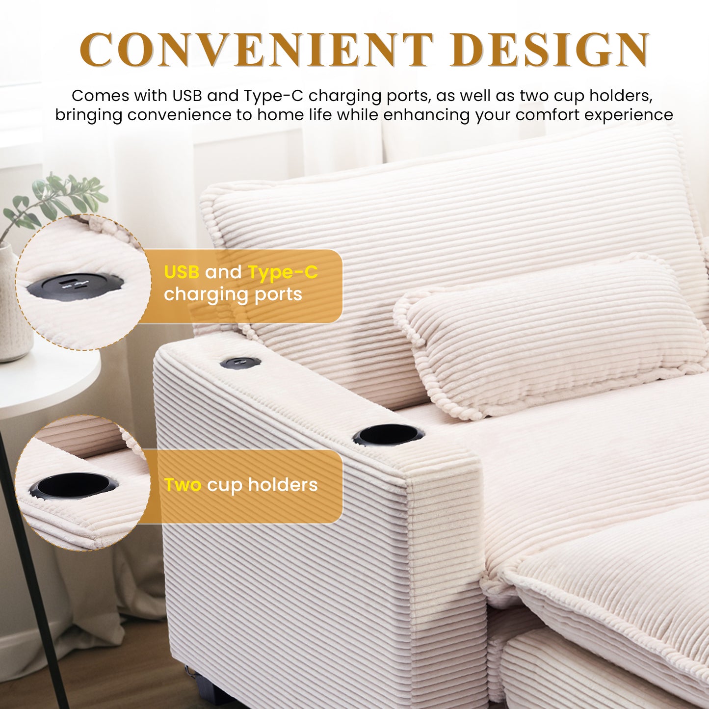 Muumblus 41.7" Oversized Lounge Accent Chair with Ottoman, Indoor Comfy Corduroy Armchair with USB, Beige