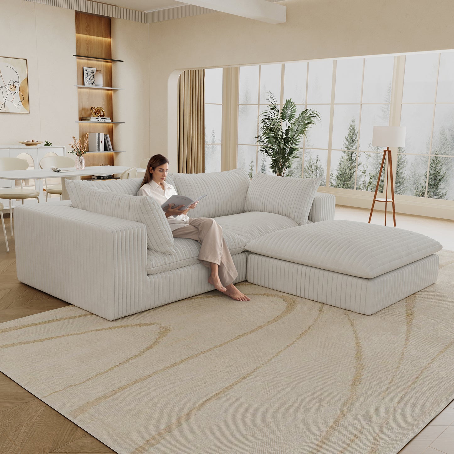 Muumblus Modular Sectional Sofa with Movable Ottoman, L-Shaped Deep Seat Corduroy Cloud Couch, No Assembly Boneless Couches for Living Room, White