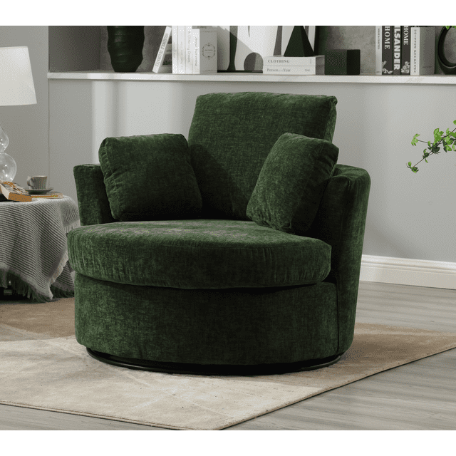Muumblus 42.2"W Chenille Swivel Chair, Modern Oversize Accent Chair Barrel Chair Club Armchair Comfy Chair for Bedroom Living Room, Green