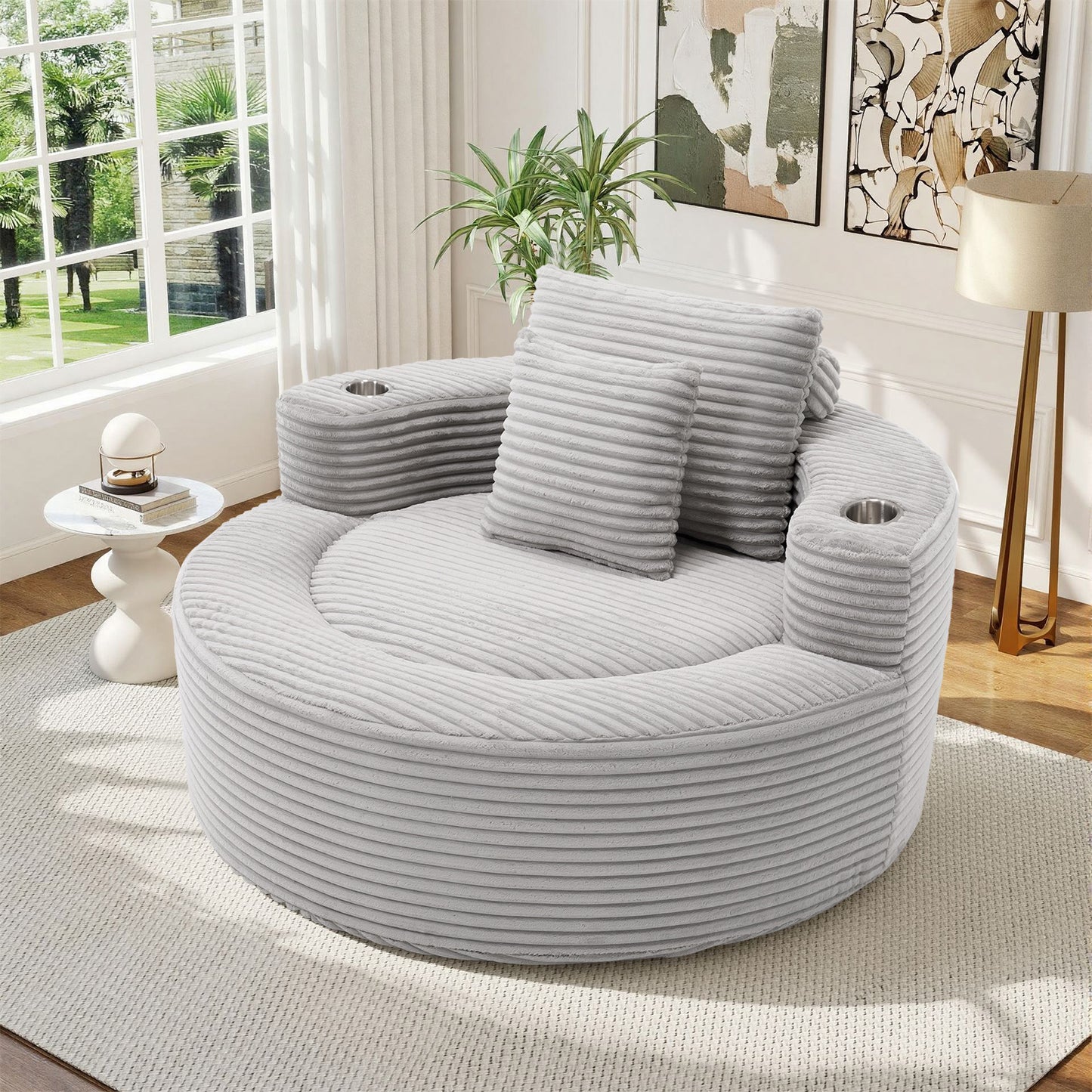 Muumblus 55" Indoor Round Chaise Lounge with Cup Holders, Oversized Boneless Accent Barrel Chair, Black Corduroy