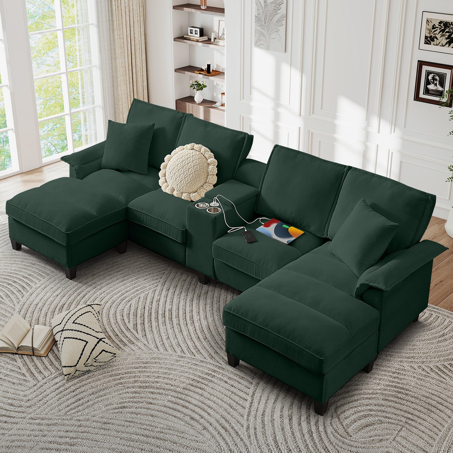 Muumblus 120" U-Shaped Sectional Sofa with USB & Storage, Living Room 4-Seater Couch with Double Chaise Lounge, Cup Holders, Beige Corduroy