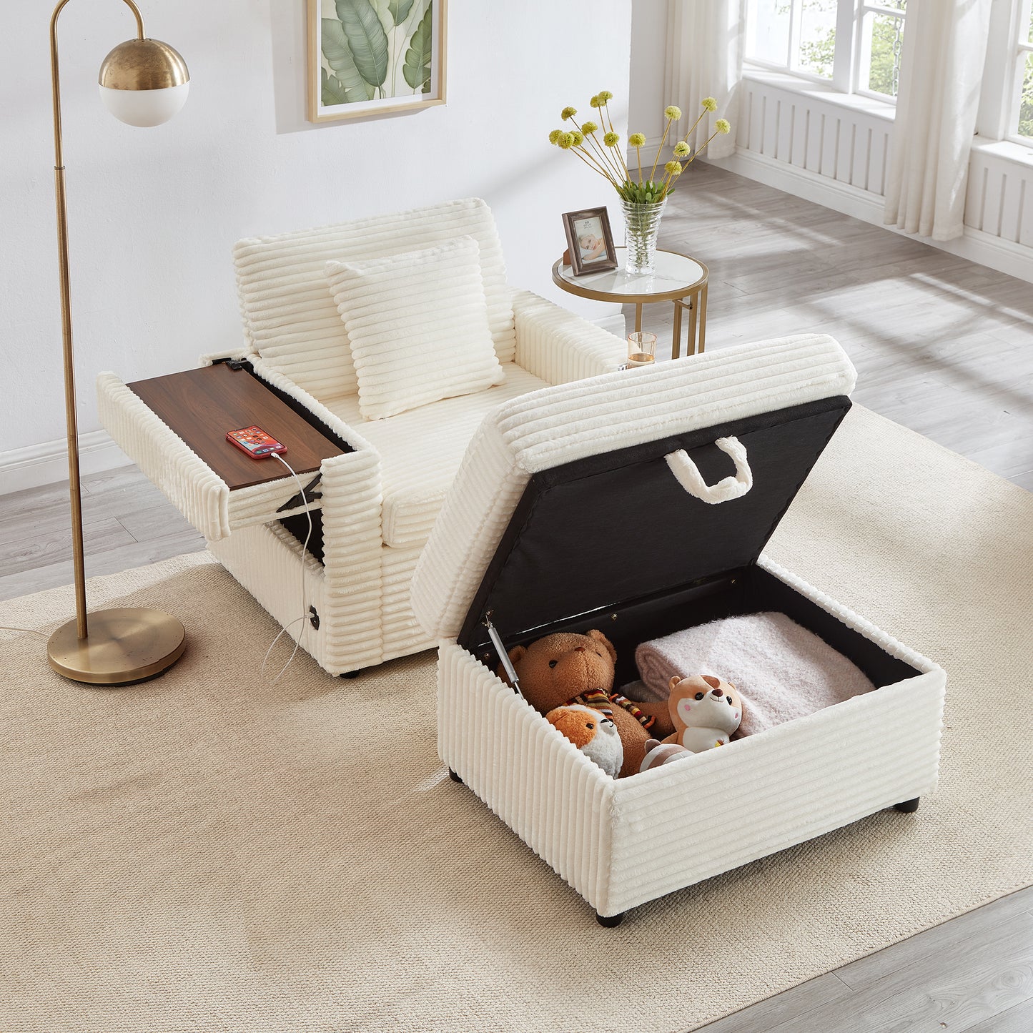 Muumblus Accent Chair with Storage Ottoman & Side Table, Cozy Lounge Chair with USB, Modern Single Sofa Armchair for Living Room, White Corduroy