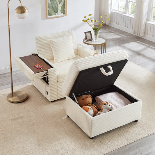 Muumblus Accent Chair with Storage Ottoman & Side Table, Cozy Lounge Chair with USB, Modern Single Sofa Armchair for Living Room, White Corduroy