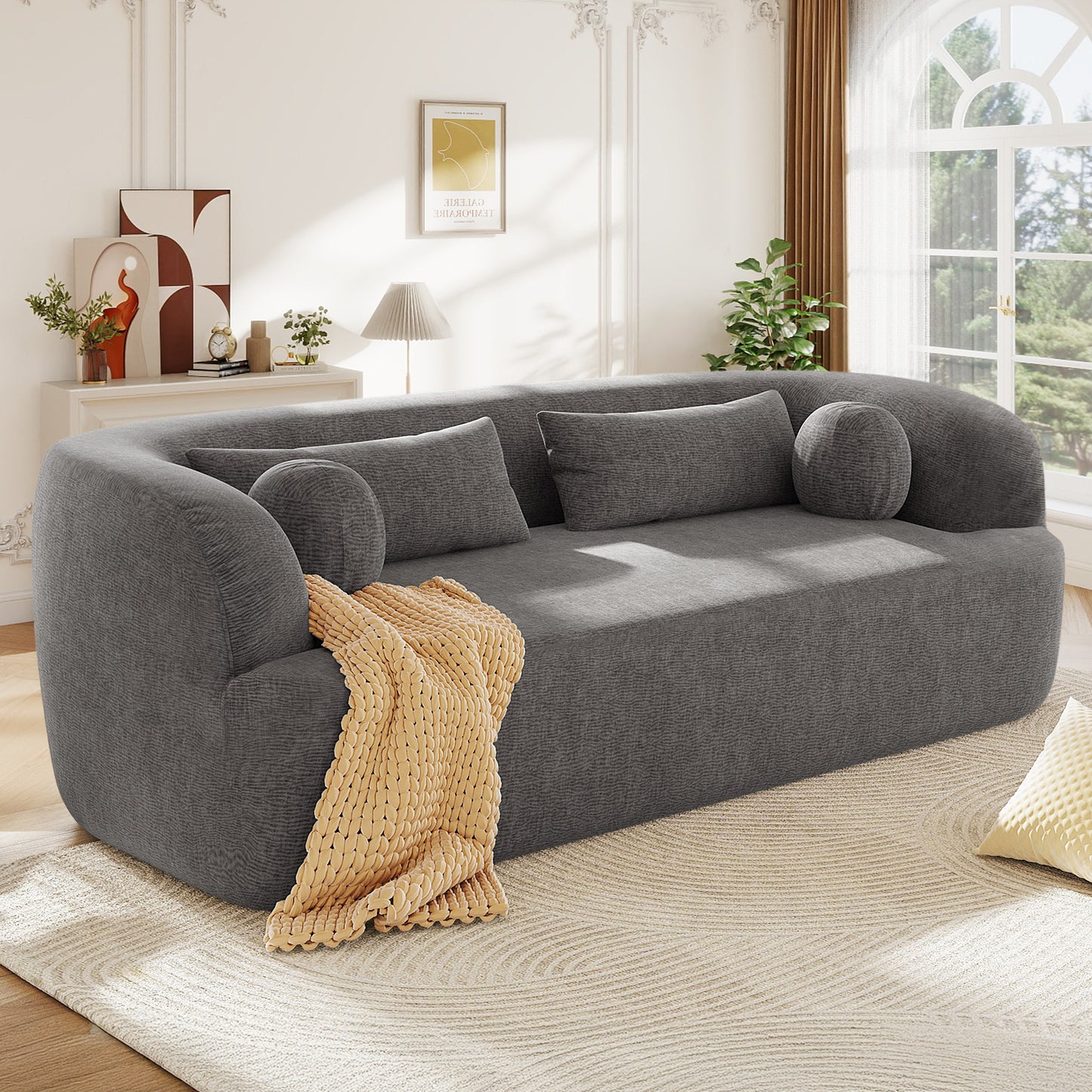Muumblus 86“ Chenille Boneless Sofa, Modern Upholstered Living Room Couch, Cozy Curved 3-Seater Cloud Sofa, Gray