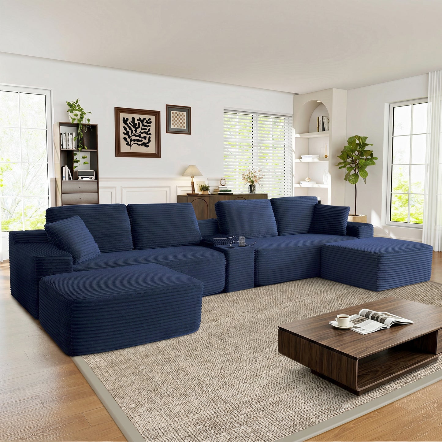 Muumblus 125" Cloud Sectional Sofa with Storage Console, U-Shaped Modular Couch with 2 Ottomans, USB, Cup Holders, Oversized Corduroy Living Room Sofa, Black