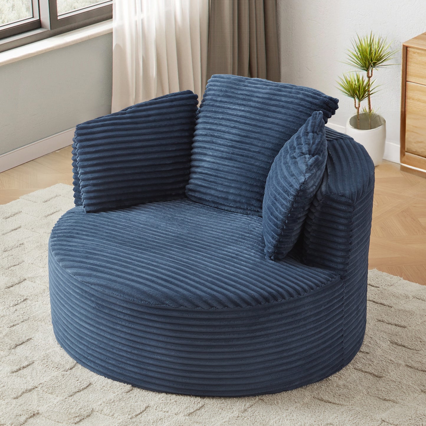 Muumblus 48.8" Oversized Accent Barrel Chair, Fluffy Round Lazy Sofa Chair for Adults, No Assembly Required, Black Corduroy