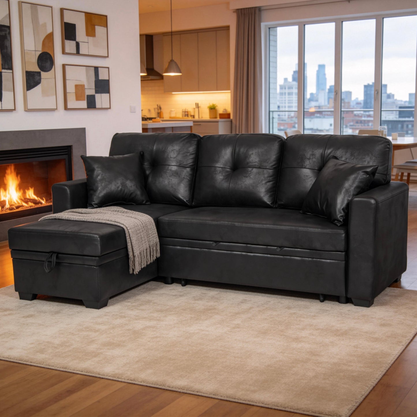 Muumblus Convertible Pull Out Sofa Bed, L-Shaped Sectional Sleeper Couch with Storage Chaise, Vintage Faux Leather Look, Brown Polyester Fabric