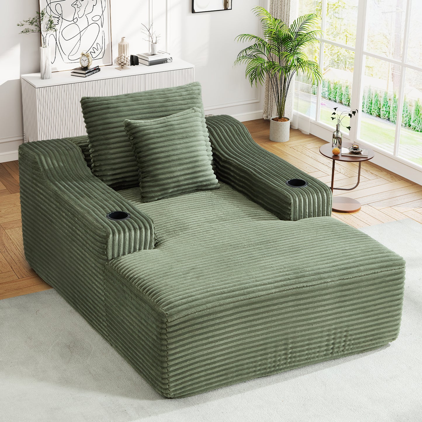 Muumblus Indoor Chaise Lounge Chair with Cup Holders, No Assembly Required, 67"D Oversized Deep Seat Cloud Couch, Corduroy Boneless Sleeper Sofa Bed for Livng Room, White