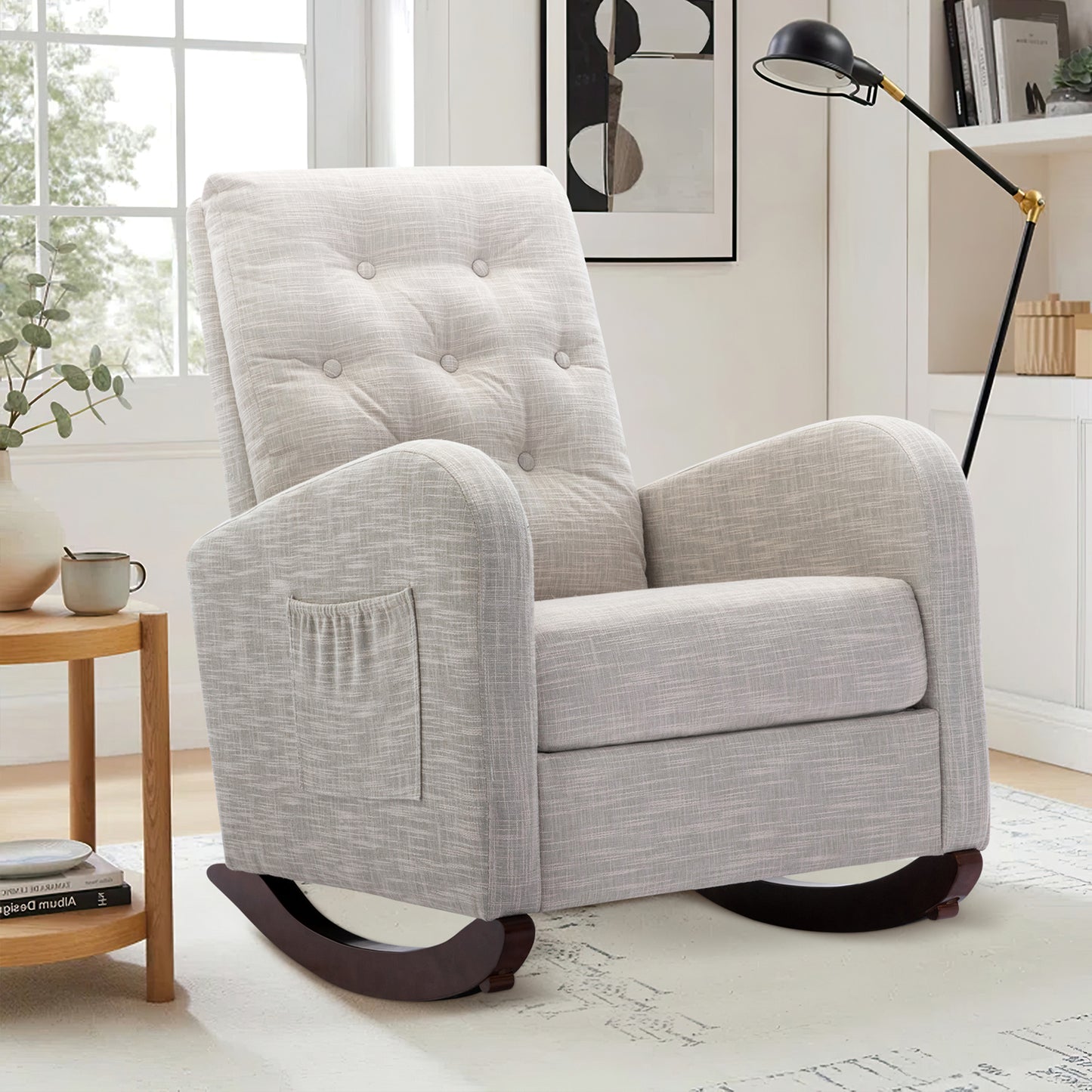 Muumblus Glider Rocker for Living Room, Rocking Chair for Nursery, Tufted High Back, Beige Linen