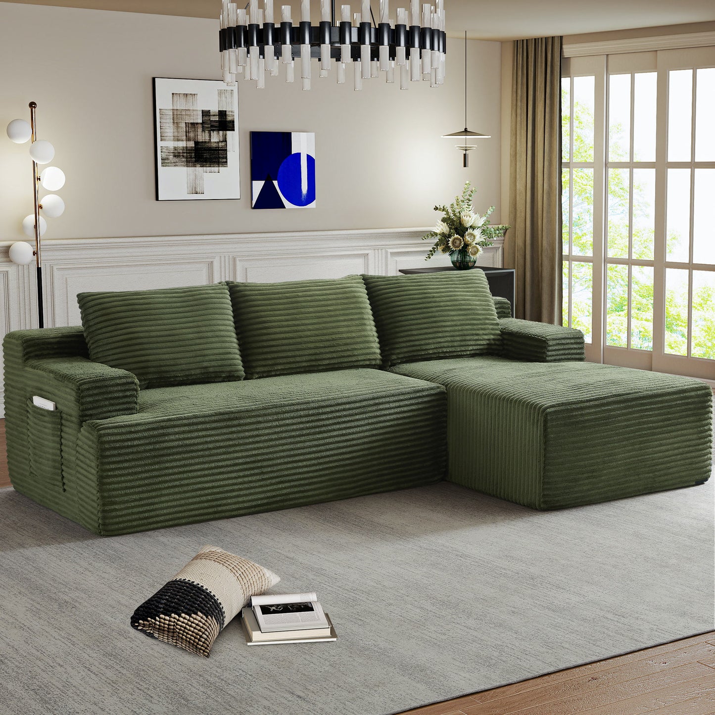 Muumblus L-Shaped Modular Sectional Sofa with Chaise, Boneless Deep Seat Cloud Couch, No Assembly Corduroy Sleeper Sofa for Living Room, Black（Right Facing Chaise）