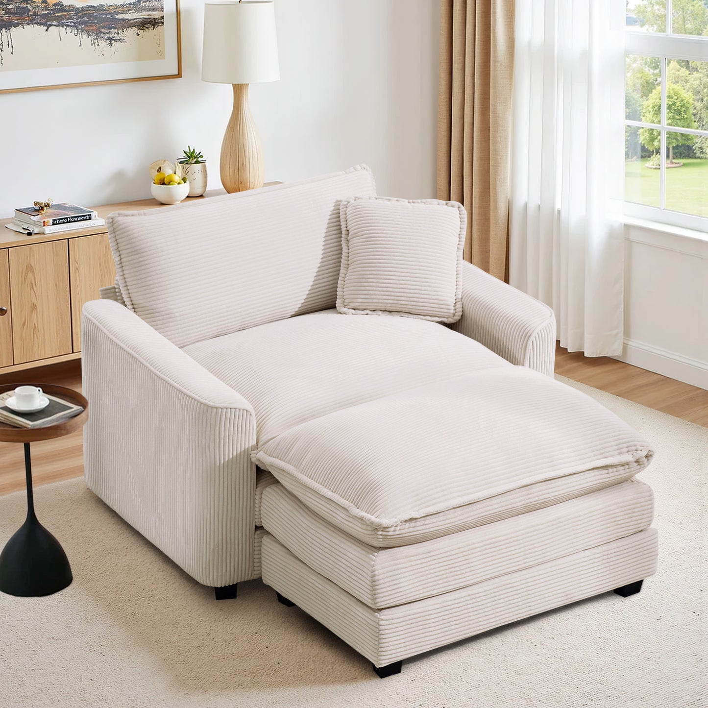 Muumblus 46" Indoor Lounge Chair with Ottoman, Corduroy Cozy Accent Armchair for Living Room, Beige