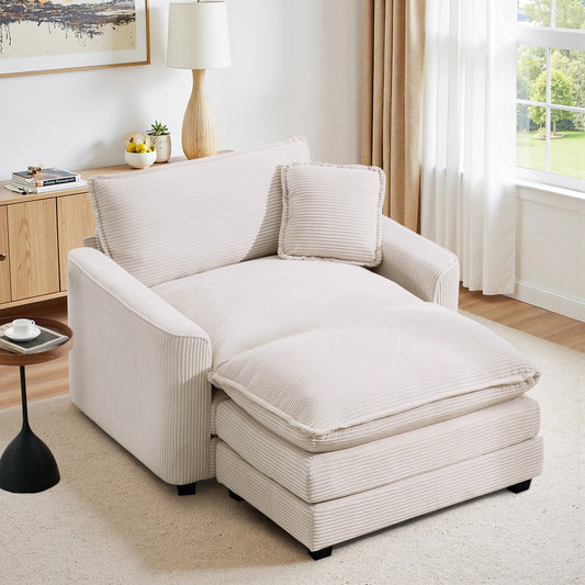 Muumblus 46" Indoor Lounge Chair with Ottoman, Corduroy Cozy Accent Armchair for Living Room, Beige