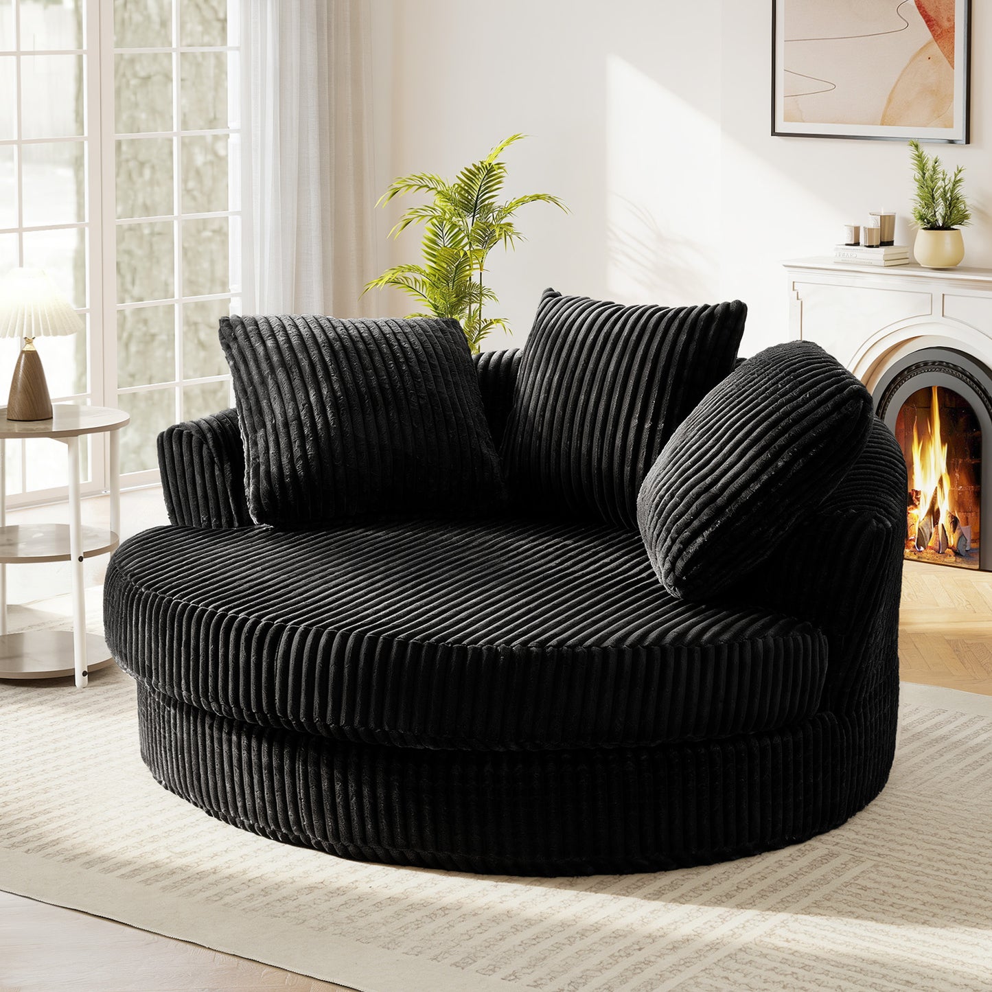 Muumblus 61" Oversized Round Boneless Lounge Chaise Chair Indoor, Corduroy Deep Seat Cloud Couch Sleeper Sofa Bed with 3 Pillows, No Assembly Barrel Chair for Living Room, Beige