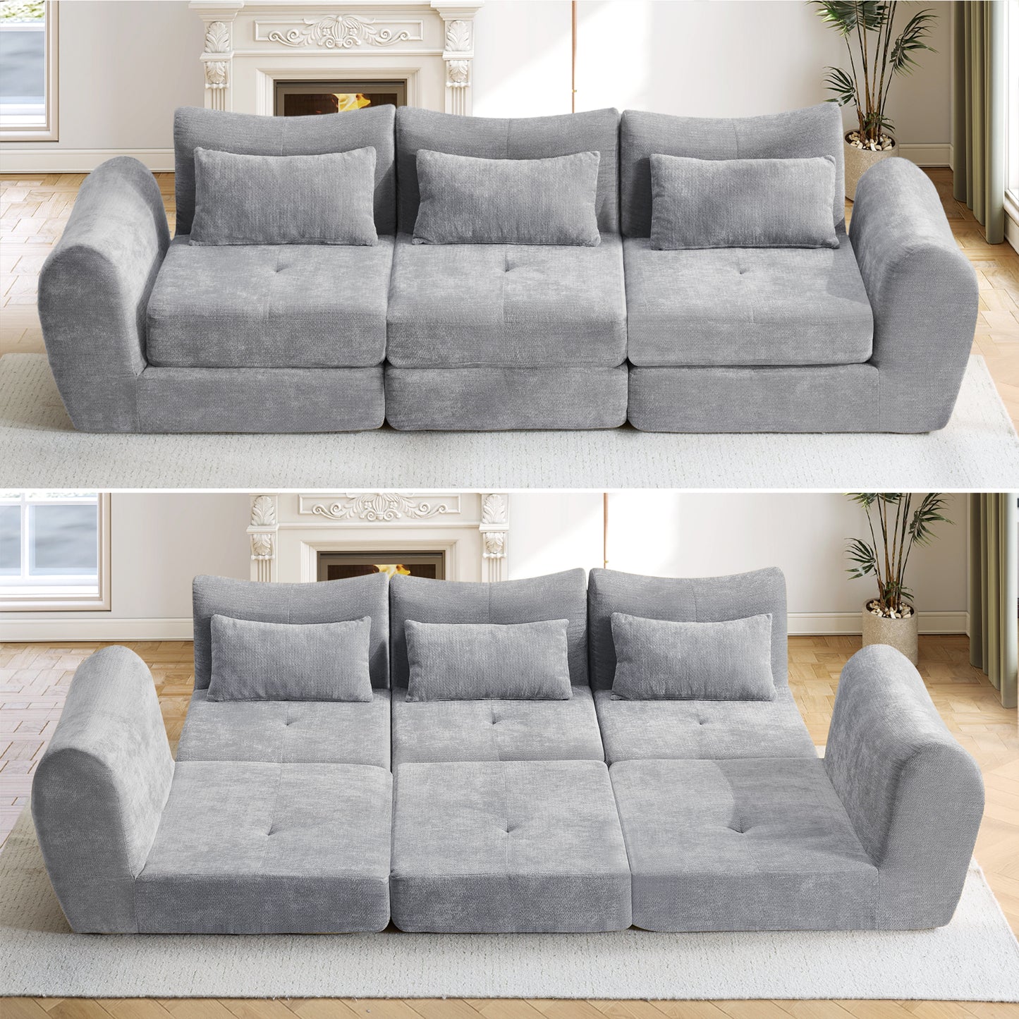 Muumblus 101.6" Modular Sectional Sofa, Convertible Floor Sofa Sleeper Bed, Modern Boneless Cloud Sectional for Living Room, Black Chenille