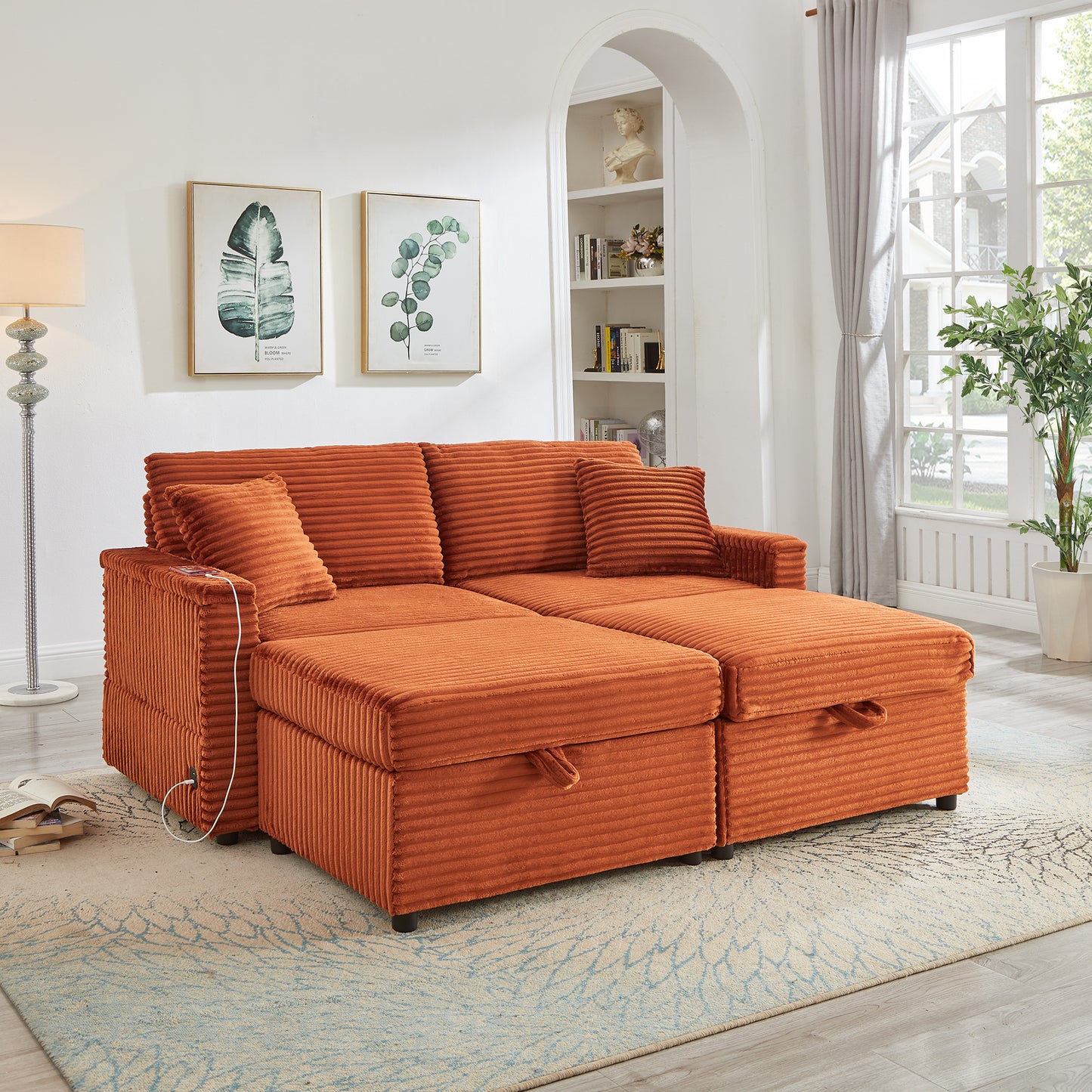 Muumblus Modular Sectional Sofa with 2 Storage Ottomans, 2 Side Tables & USB, Cozy Double Chaise Lounge Cloud Sofa, Plush Corduroy Sleeper Bed Couch for Living Room, White