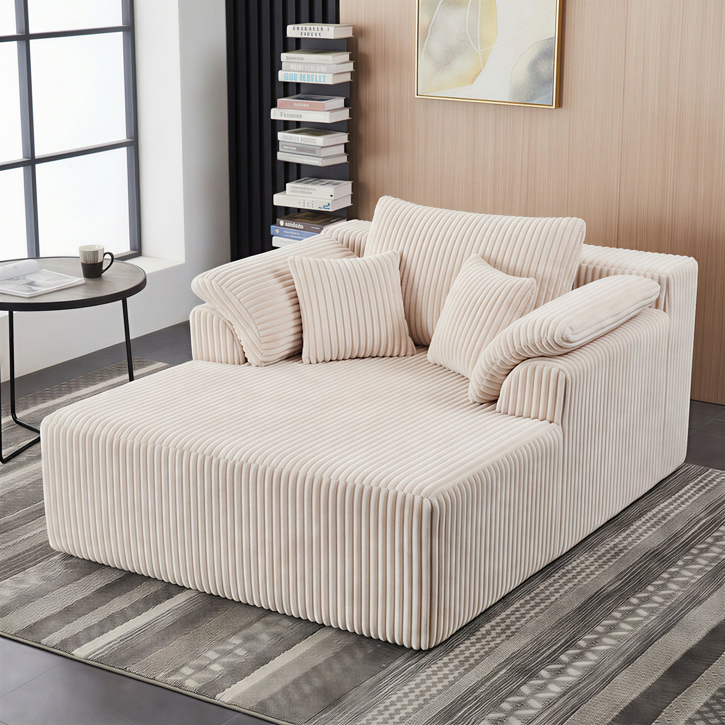 Muumblus 60" Oversized Chaise Lounge Chair Indoor Furniture, No-Assembly Modern Boneless Cloud Couch, Sleeper Sofa Bed for Living Room, Beige Corduroy