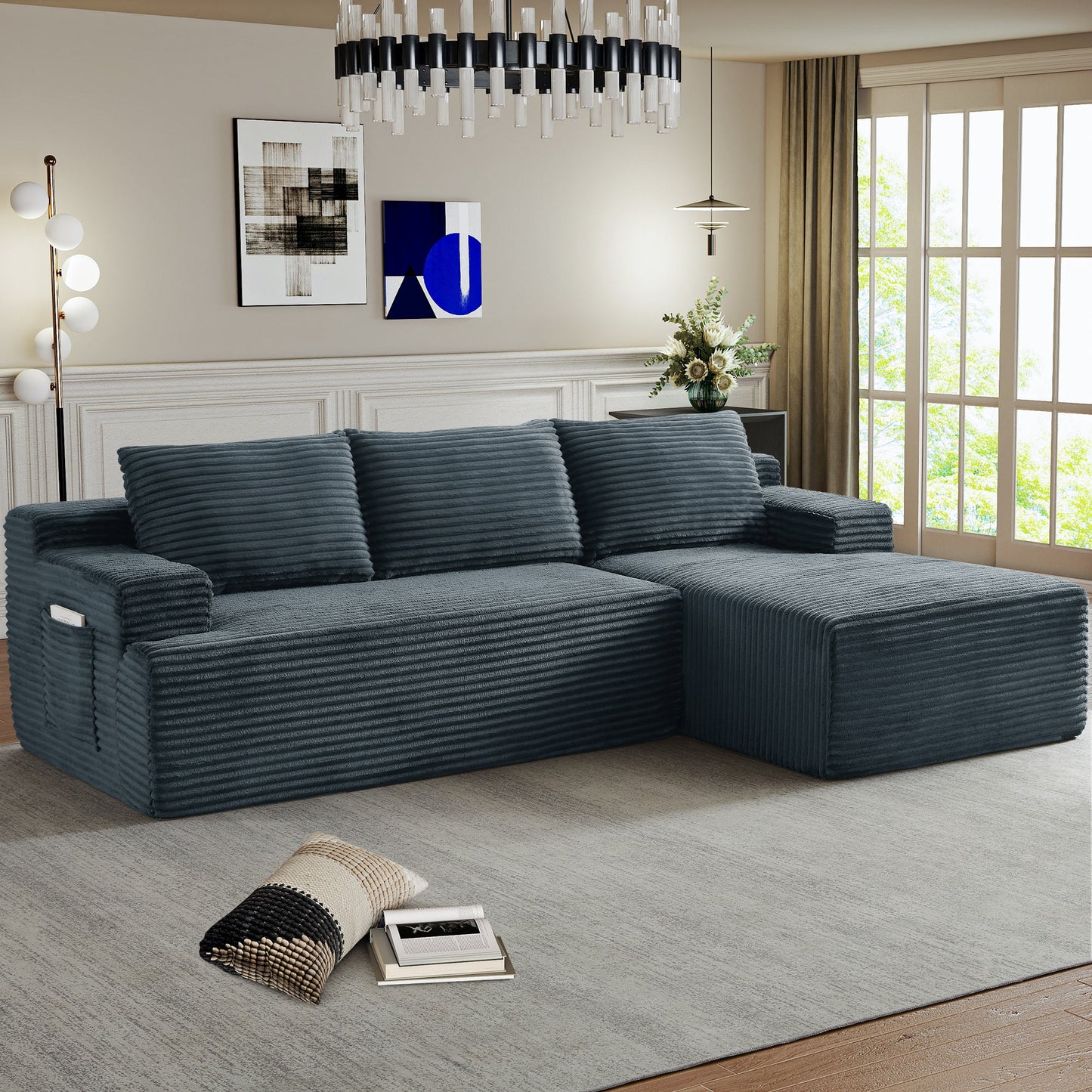 Muumblus L-Shaped Modular Sectional Sofa with Chaise, Boneless Deep Seat Cloud Couch, No Assembly Corduroy Sleeper Sofa for Living Room, Black（Right Facing Chaise）