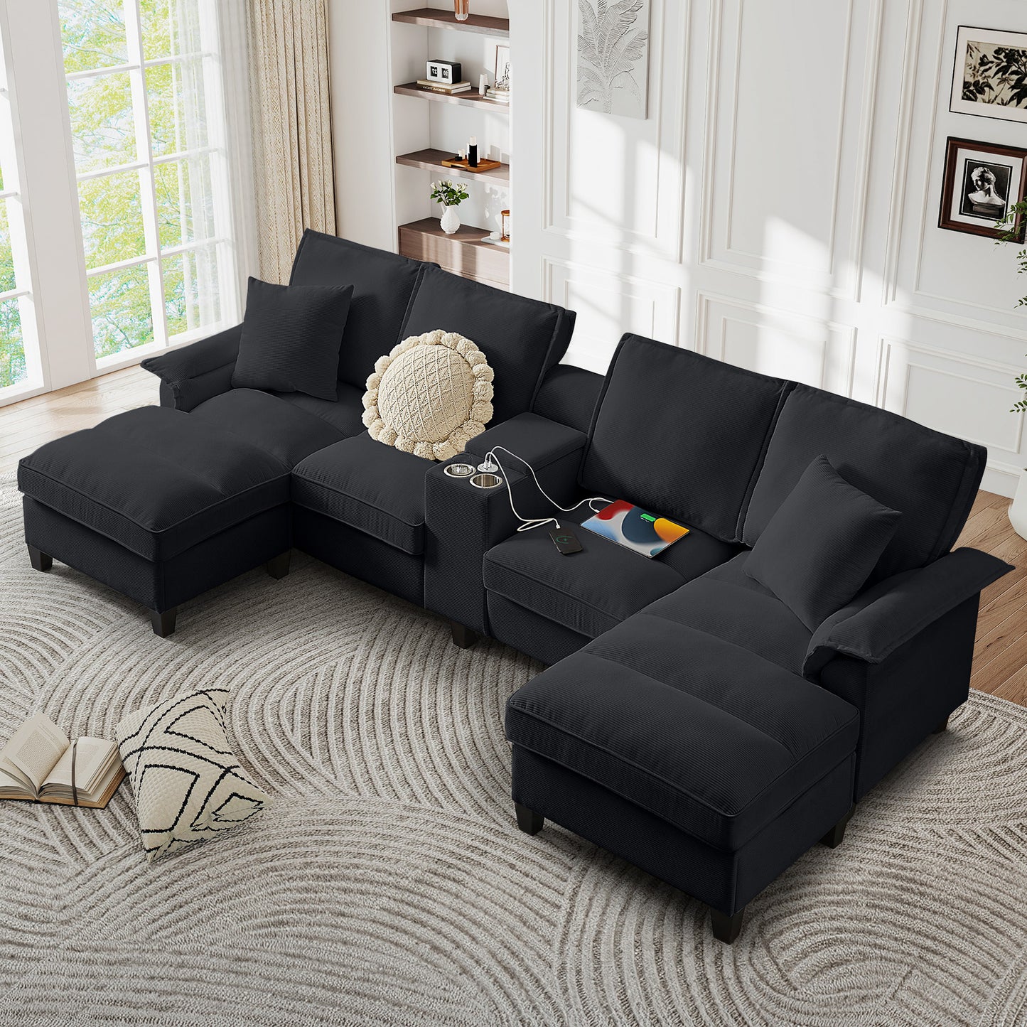 Muumblus 120" U-Shaped Sectional Sofa with USB & Storage, Living Room 4-Seater Couch with Double Chaise Lounge, Cup Holders, Beige Corduroy